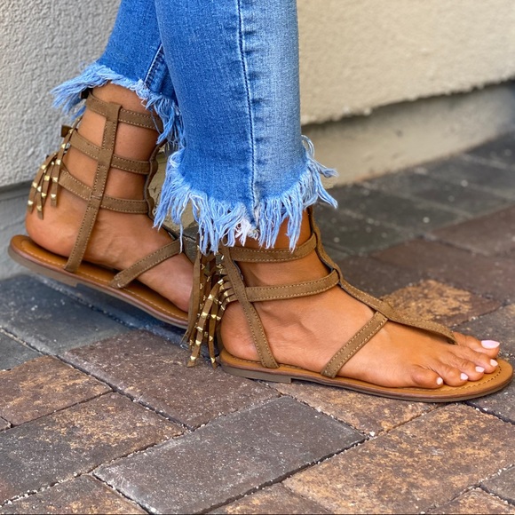 Fringe & Studs Strappy Boho Gladiator Ankle Sandal - Picture 12 of 14